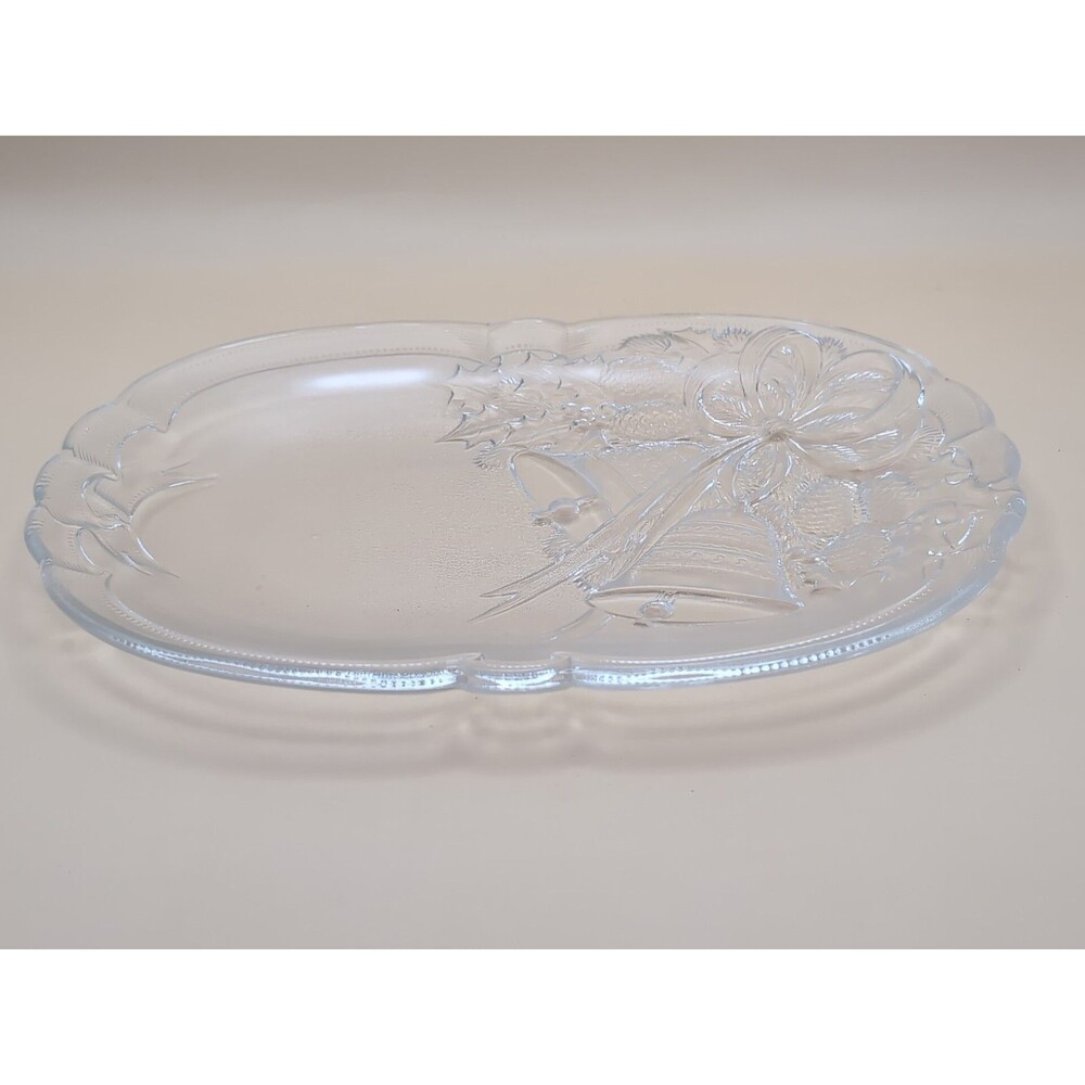 Mikasa 10" Crystal Oval Platter Holiday Bells With Pinecones Bell Christmas Tray